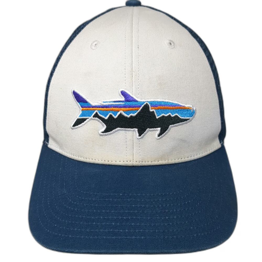Patagonia Trucker Hat Blue One Size Mesh Back Snapback Fish Mountain Logo Hiking